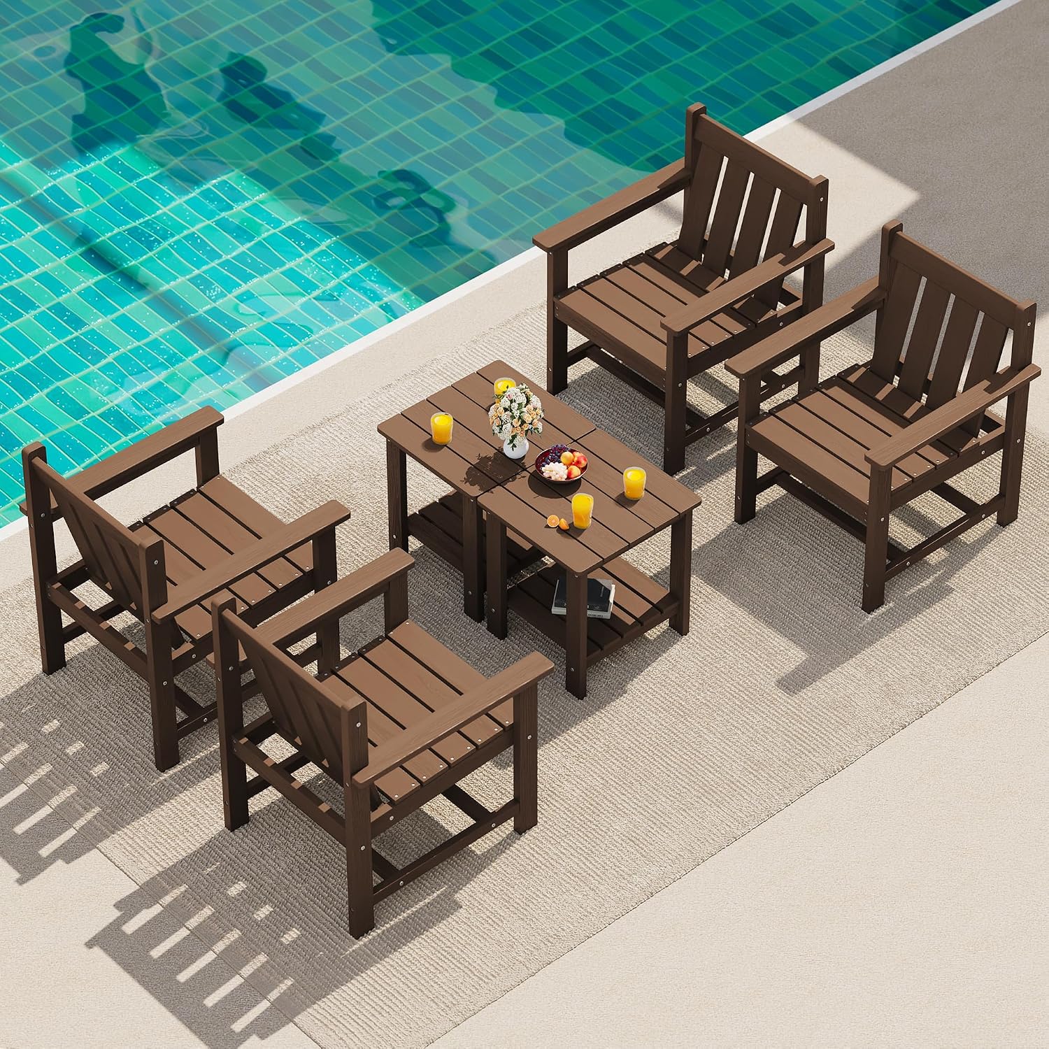 SEWRWALL 3 Pieces Patio Bistro Set, All Weather Adirondack Chair Set with Side Table, HDPE Material Outdoor Patio Furniture Set for Balcony, Porch, Garden, Backyard- Brown