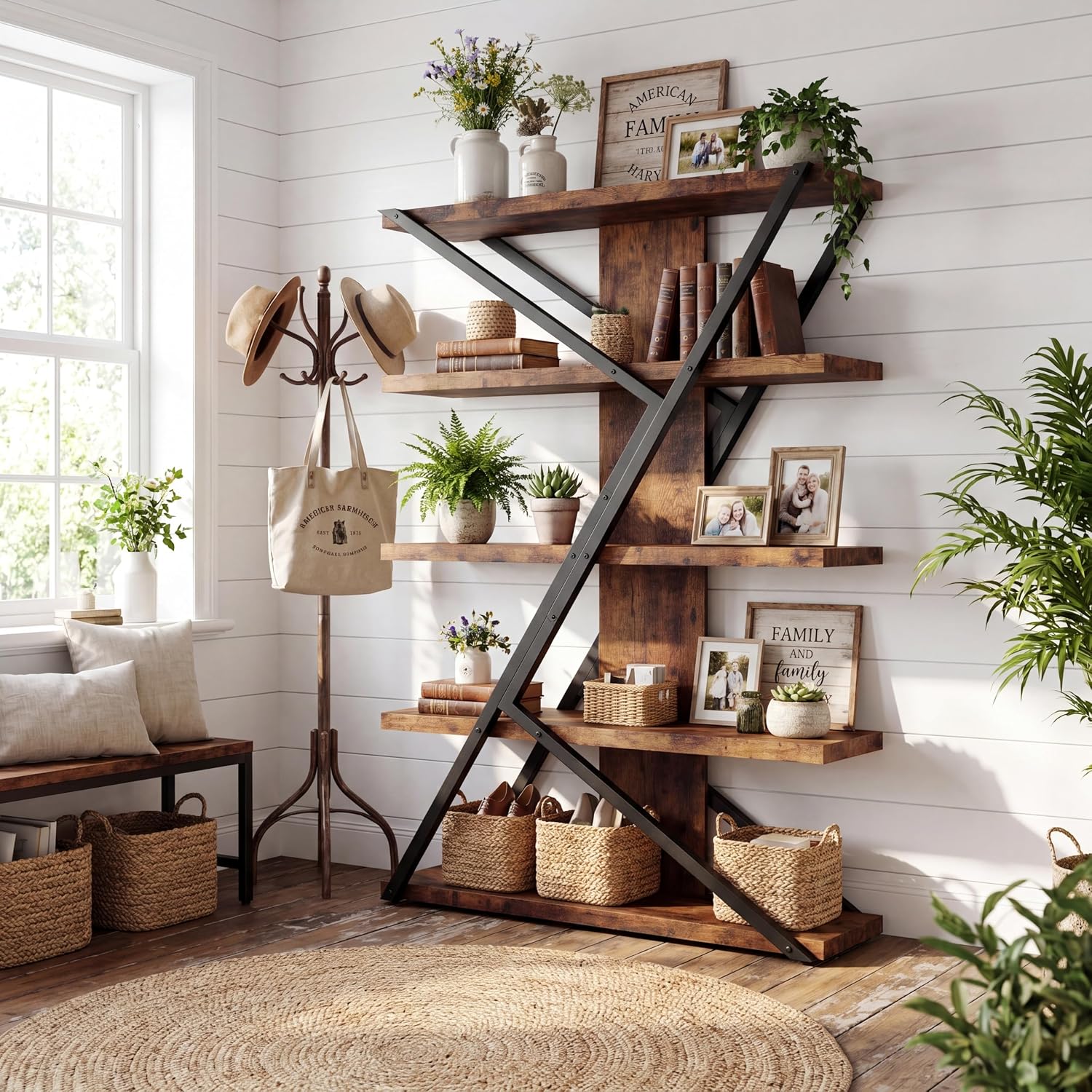 FUSUNBAO Industrial Bookshelf, Vintage 5-Tier Tall Bookcase with Wood and Metal Frame, Rustic Large Display Shelf for Home Office, 67' H x 47' L x 12' W, Rustic Brown