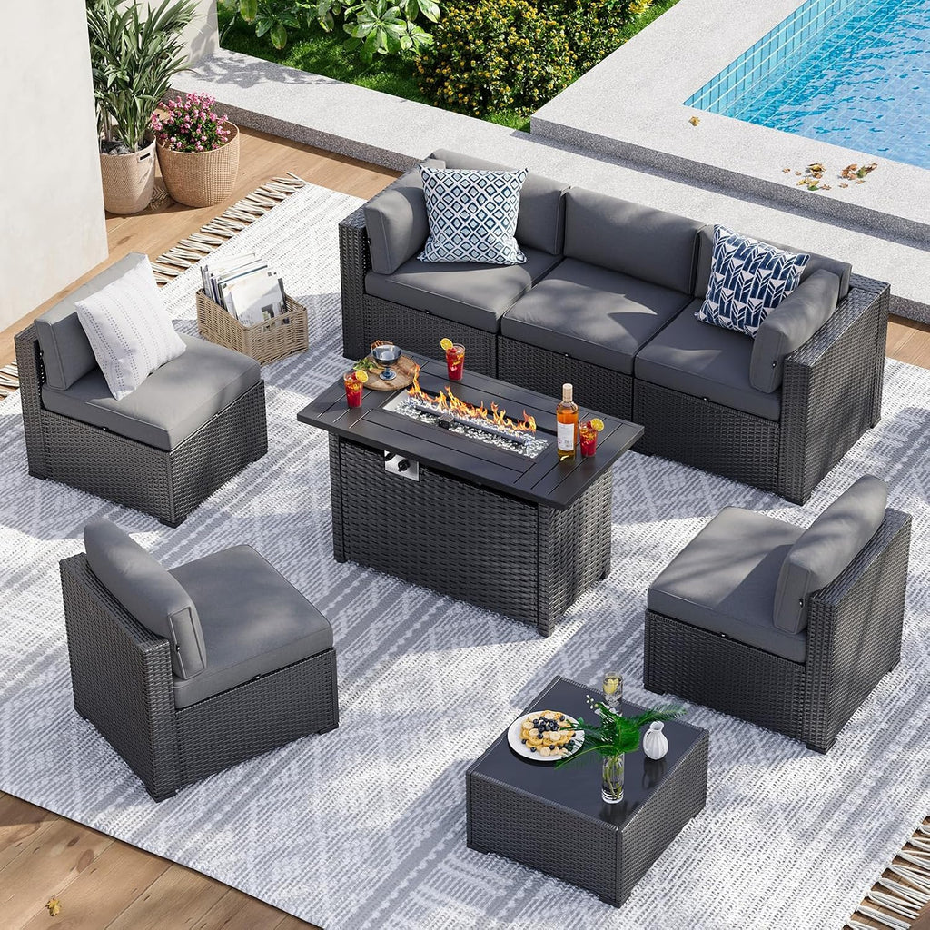 Aoxun 8 Piece Patio Furniture Set with 44' Fire Pit Table Wicker Rattan Sectional Sofa Outdoor Seating with Thickened Cushion, Grey