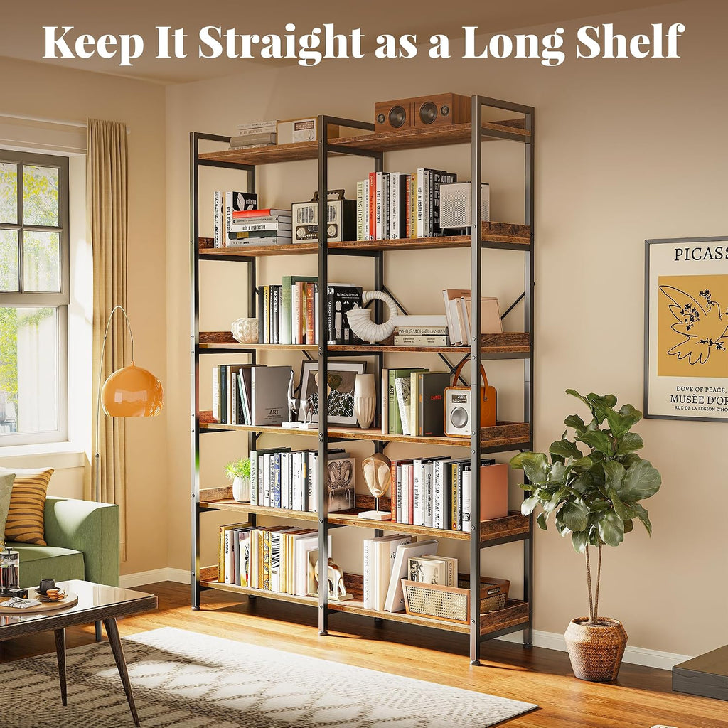 Huuger 6 Tier Bookshelf, Corner Bookshelf with 12 Open Shelves and Raised Baffle, 47.2 Inch Straight Wide Bookcase with Metal Frame and Wooden Board, Adjustable Feet, Rustic Brown