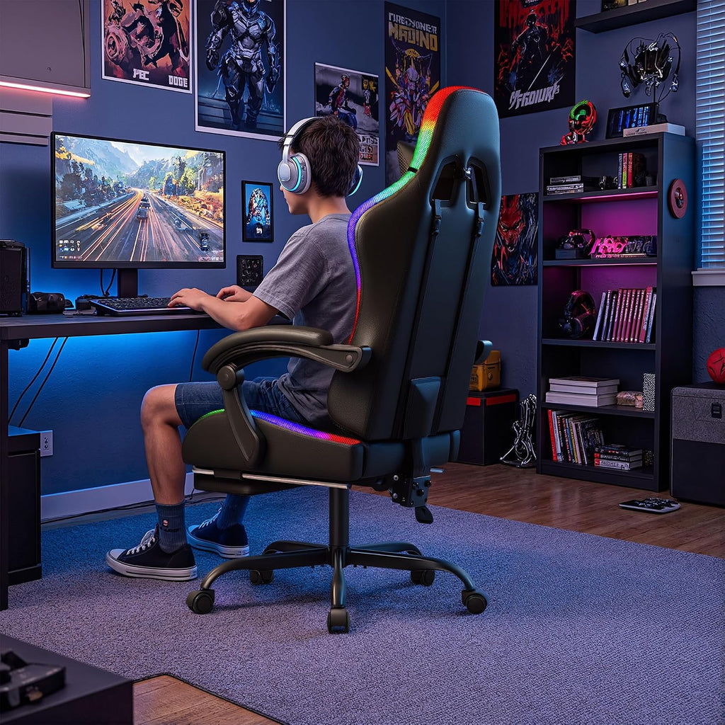 Homall Gaming Chair, Video Game Chair with Footrest and Massage Lumbar Support, Ergonomic Computer Chair Height Adjustable with Swivel Seat and Headrest (RGB Dark Black)