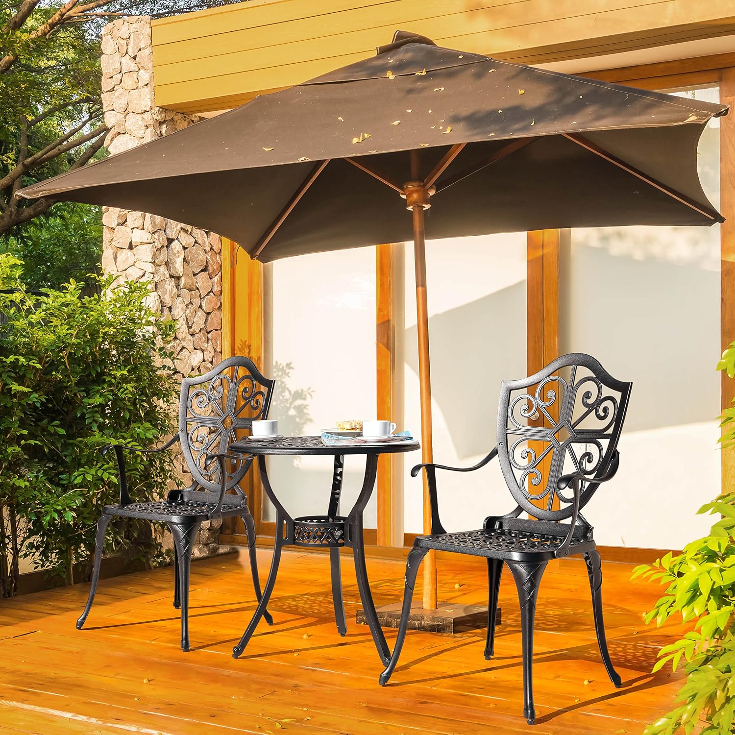 NUU GARDEN Bistro Set 3 Piece Outdoor, Cast Aluminum Patio Bistro Sets with Umbrella Hole, Bistro Table and Chairs Set of 2 for Patio Backyard