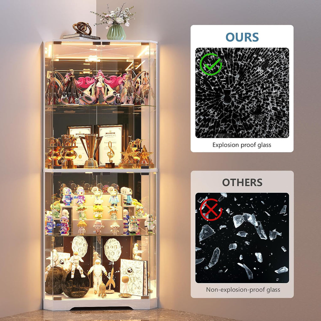 TAGELIER Corner Display Cabinet with Glass Doors, 64.7' Tall Curio Cabinet with RGB Lights for Collectibles, 4-Tier Showcase Display Case with Human Sensor for Toys, Books, White