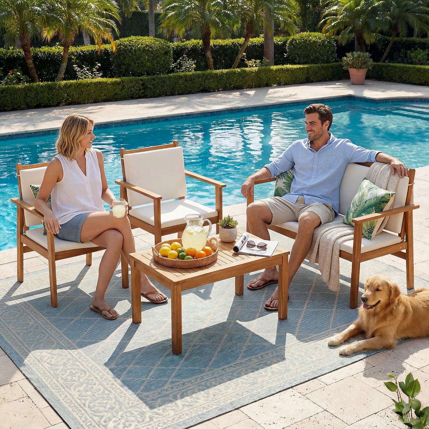 Devoko Patio Furniture 4 Piece Acacia Wood Outdoor Conversation Sofa Set with Table & Cushions Porch Chairs for Garden, Deck, Backyard, Natural