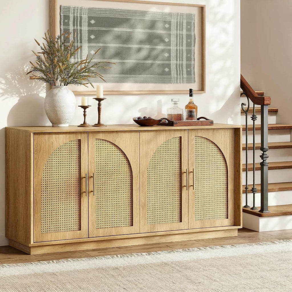 FORTUNETEC 63' Sideboard Buffet Cabinet with Storage, Modern Accent Cabinet with Rattan Arched Doors, Modular Media Console, Boho Credenza for Living Room Kitchen Dining Room Entryway, Oak