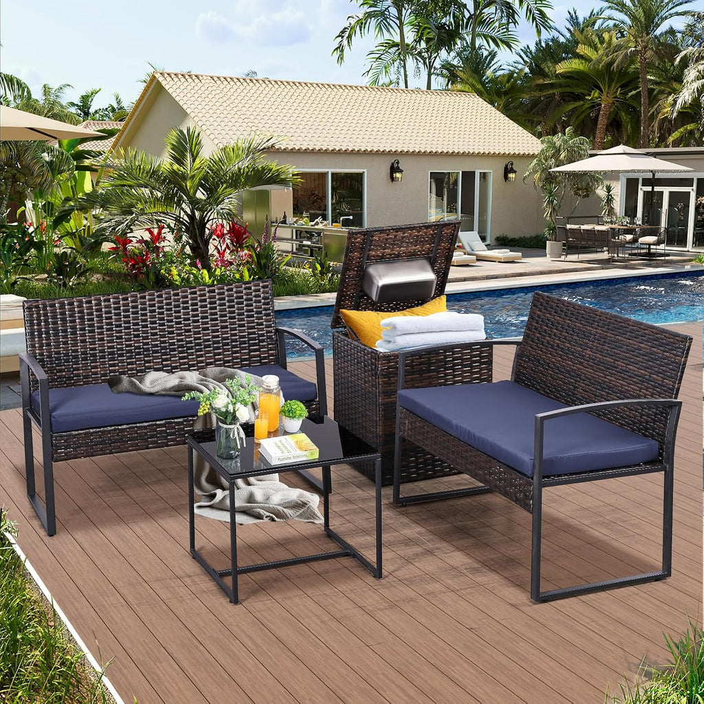 FHFO 4 Piece Outdoor Patio Furniture Set with Built-in Beverage Cooler Storage Box, Wicker Conversation Sets Patio Outdoor Loveseats & Coffee Table for Outside, Garden, Balcony, Porch, Brown/Blue