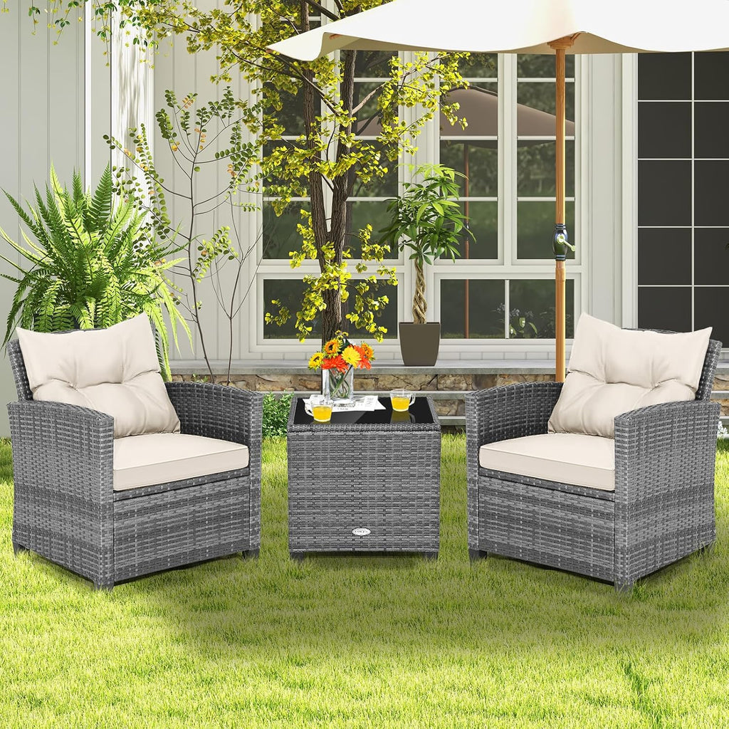 Tangkula 3 Pieces Patio Furniture Set, PE Rattan Wicker 3 Pcs Outdoor Sofa Set w/Washable Cushion and Tempered Glass Tabletop, Conversation Furniture for Garden Poolside Balcony (Mix Grey-White)