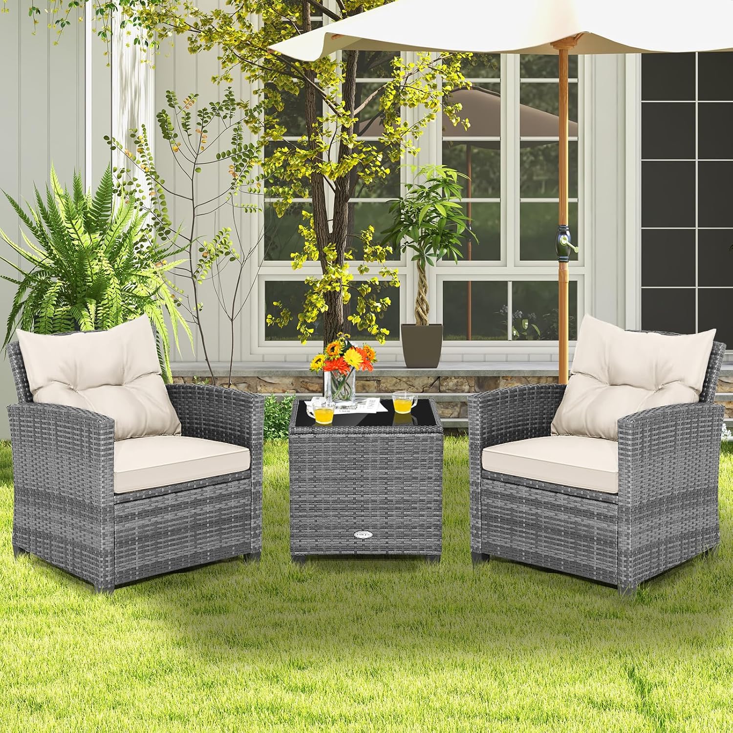 Tangkula 3 Pieces Patio Furniture Set, PE Rattan Wicker 3 Pcs Outdoor Sofa Set w/Washable Cushion and Tempered Glass Tabletop, Conversation Furniture for Garden Poolside Balcony (Mix Grey-White)