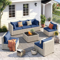 UDPATIO Outdoor Patio Furniture Set, 7 Piece Modular Sectional Sofa with Tea Table, PE Wicker Outdoor Conversation Set for Patio, Garden, Backyard Blue