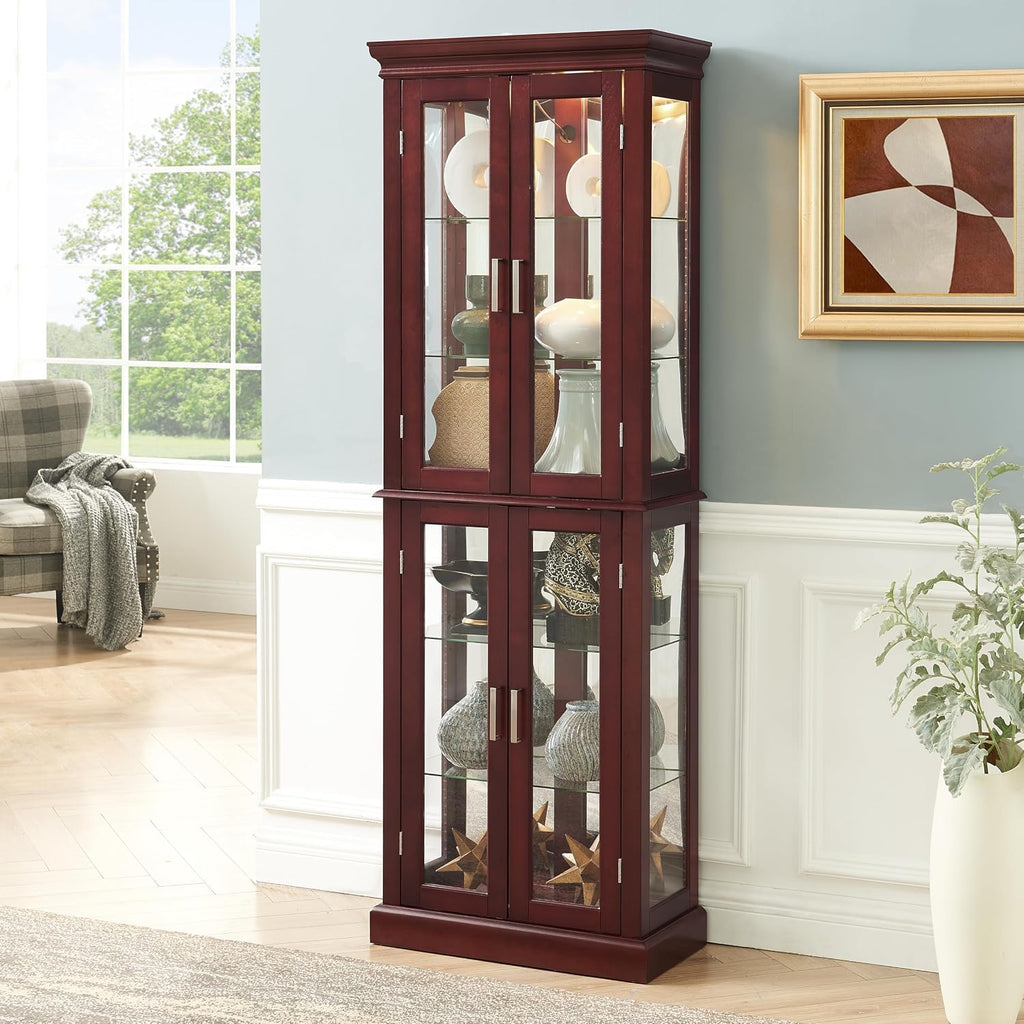 Lighted Wooden Display Curio Cabinet,Cabinet with Tempered Glass Door & 6 Shelves,Vintage 3 Side Glass Display Curio Cabinet,Bar and Liquor Storage Area,Glass Bookshelf,E26 light bulb Unincluded