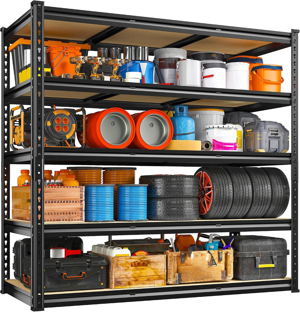 REIBII 48' W Garage Shelving 3020LBS Storage Shelves 5 Tier Industrial Shelving Adjustable Metal Storage Shelves for Garage, Basement, Warehouse, Commercial, Easy Assemble, 48' W x 72' H x 24' D, 2PC