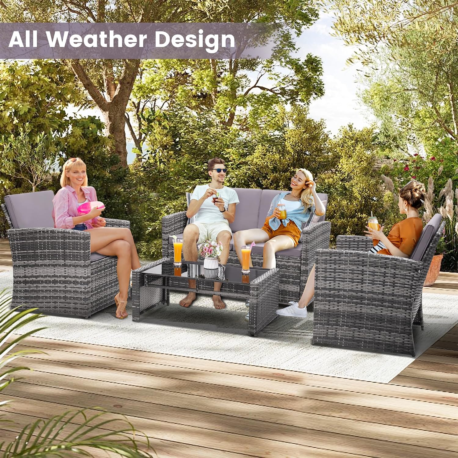 KROFEM 4-Piece Patio Furniture Set, Wicker Outdoor Rattan Sectional Sofa with Cushions and Glass Table, All-Weather Outdoor Conversation Set for Garden, Porch, Backyard, Patio, Light Grey