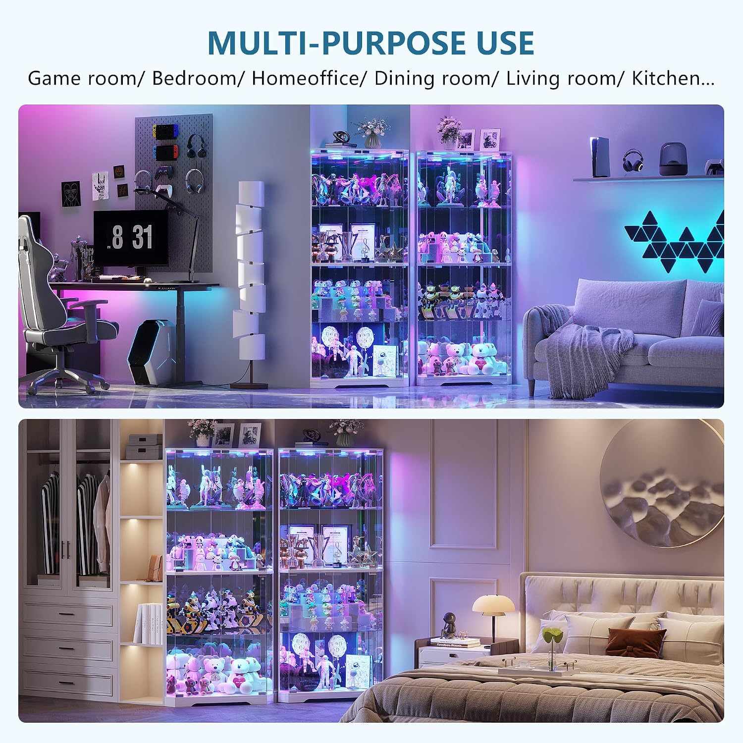 TAGELIER Corner Display Cabinet with Glass Doors, 64.7' Tall Curio Cabinet with RGB Lights for Collectibles, 4-Tier Showcase Display Case with Human Sensor for Toys, Books, White