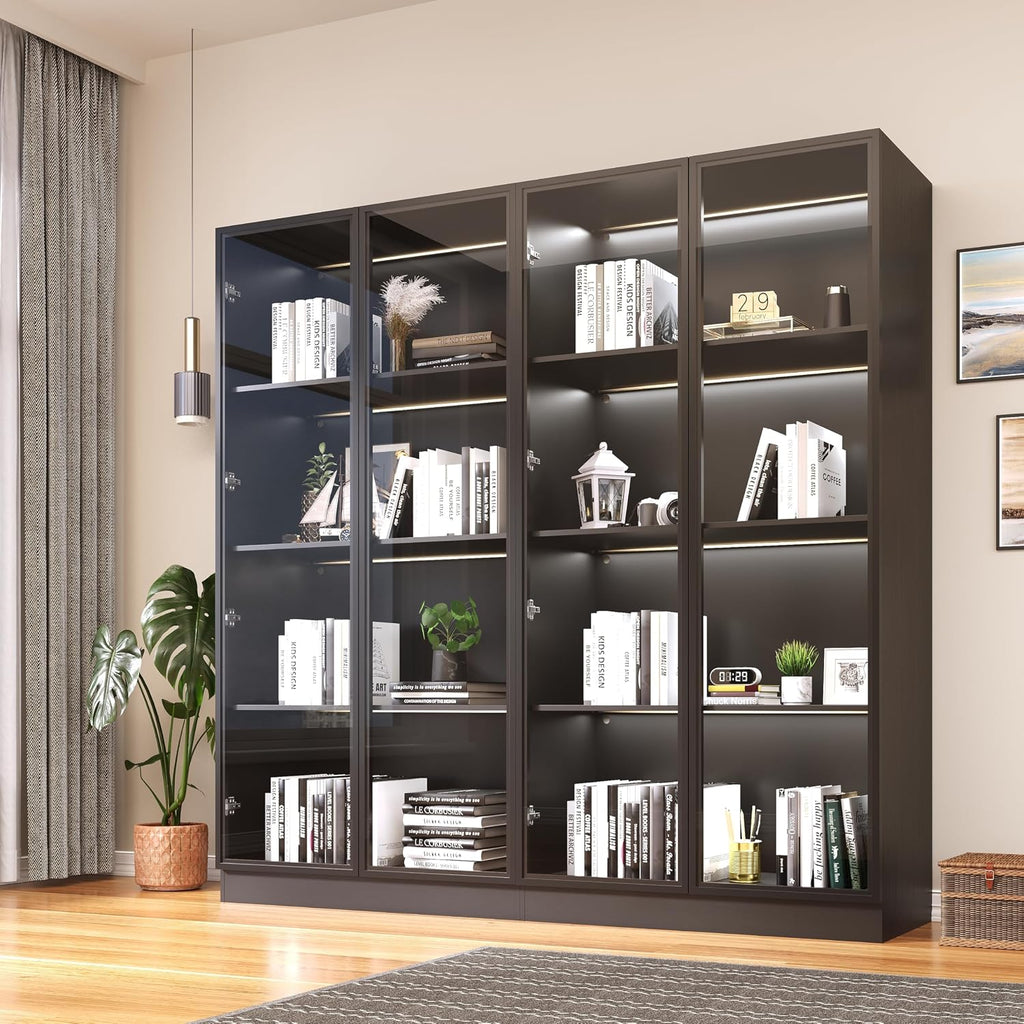 Wildhome Wooden Display Storage Cabinet with Glass Door, LED Lights,Showcase for Collections, Perfume, Vinyl Albums, Bookcase for Home Office, Living Room, Clinic, Pantry (Black- 4 Layers)