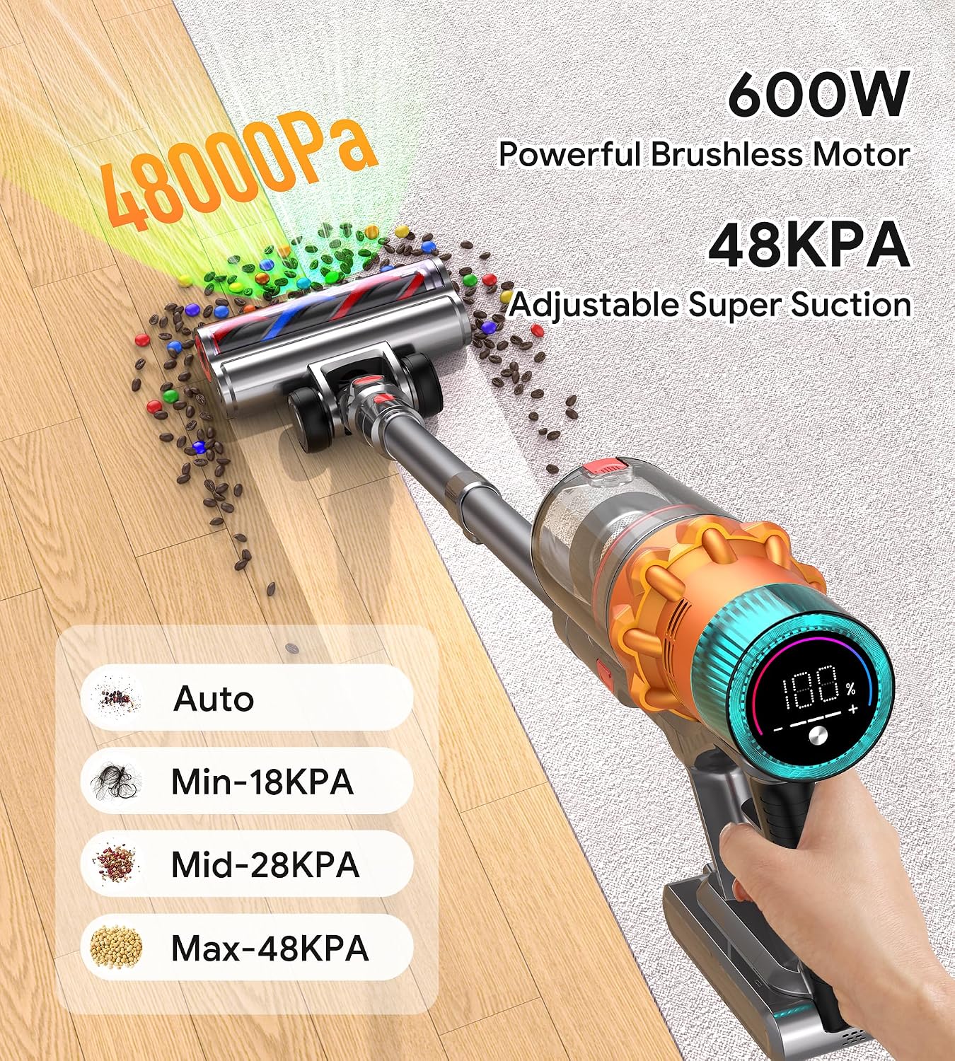 REBANIC Cordless Vacuum Cleaners for Home,8-in-1/65Min/600W/48Kpa Powerful Suction,Self-Standing Cordless Stick Vacuum Cleaner,Lightweight Anti-Tangle Rechargeable Vacuum for Floor/Carpet/Pet Hair/Car