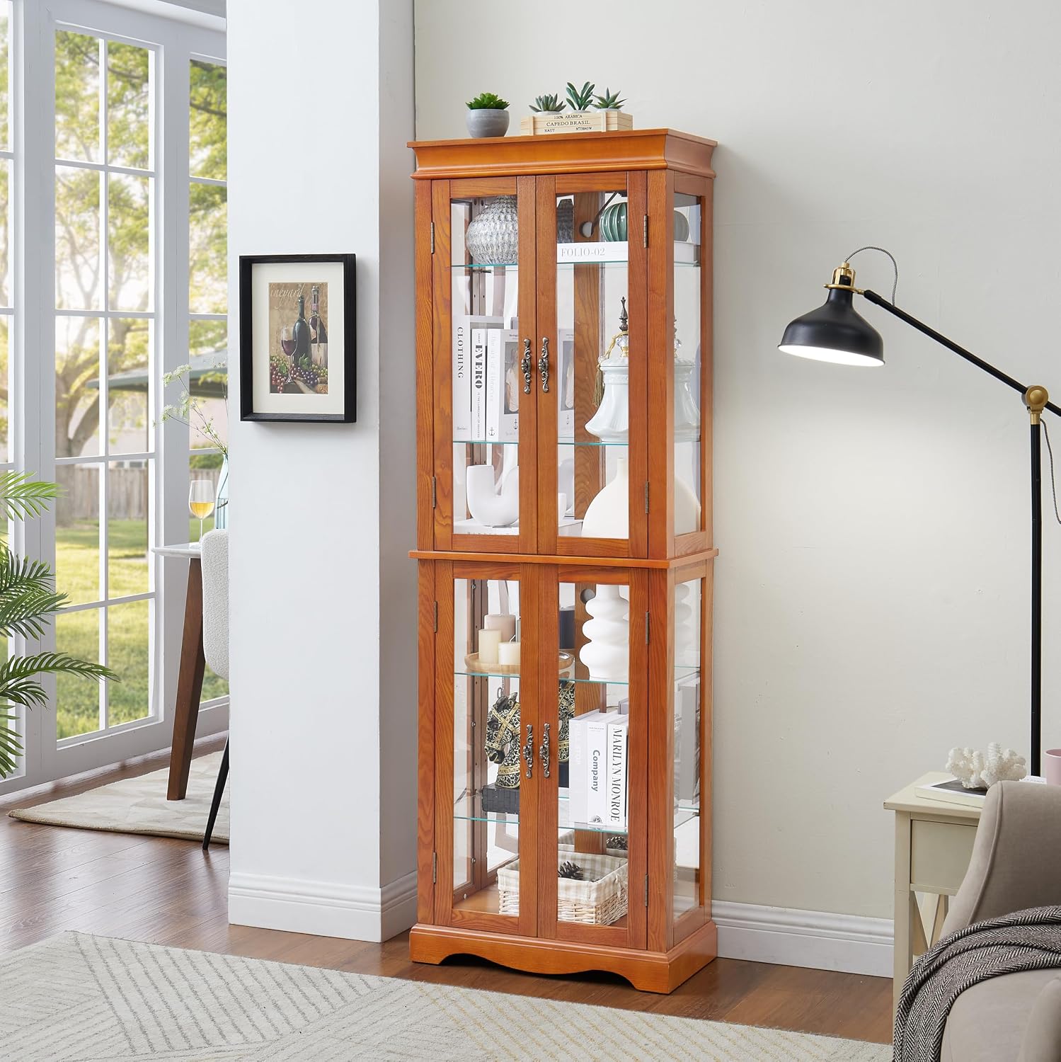 Glass Curio Cabinet with Lights & Adjustable Shelves, Corner Cabinet for Kitchen, Living Room, Office (Free Standing, Light Bulb Included) - Walnut, 70.08'H x 23.82'W x 11.81'D