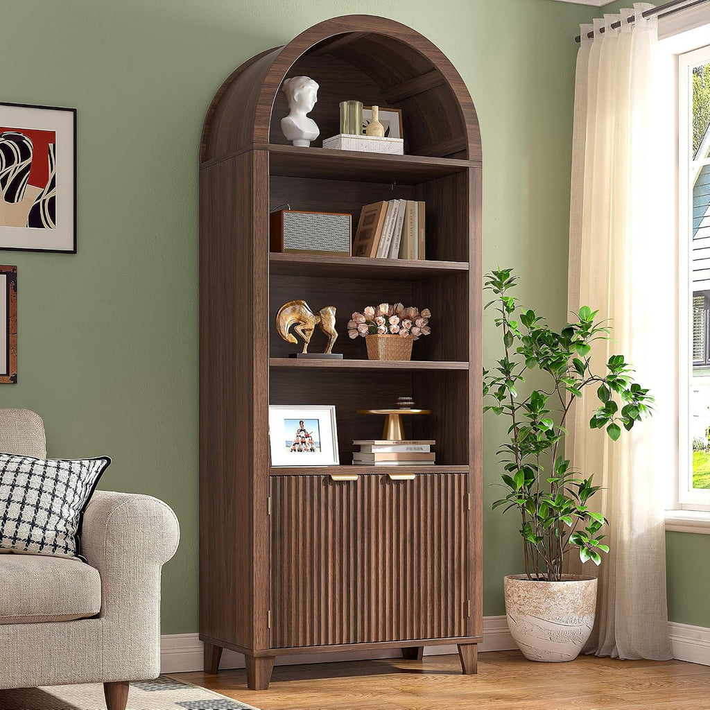 DurayLoly 79.9' Tall Arched Cabinet, 6-Tier Arched Bookcase with Fluted Doors and Adjustable Wood Shelves, Wooden Storage Cabinet with Tall Bookshelf for Office, Living Room, Kitchen, Walnut