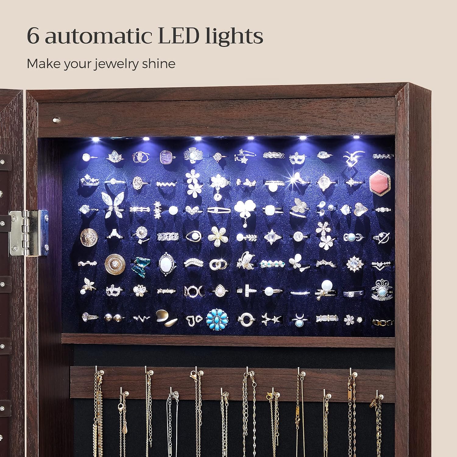 SONGMICS 6 LEDs Mirror Jewelry Cabinet, 47.2-Inch Tall Lockable Wall or Door Mounted Jewelry Armoire Organizer with Mirror, 2 Drawers, 3.9 x 14.6 x 47.2 Inches, Brown UJJC93K