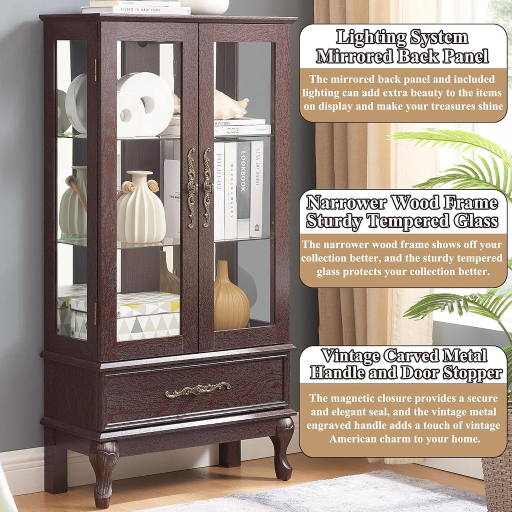 51' H Lighted Curio Cabinet Display Case, Glass Curio Cabinet with Adjustable Shelves,Tempered Glass Door and Drawer, Wooden Cabinets w/Mirrored Back Pane for Living Room (Dark Cherry)