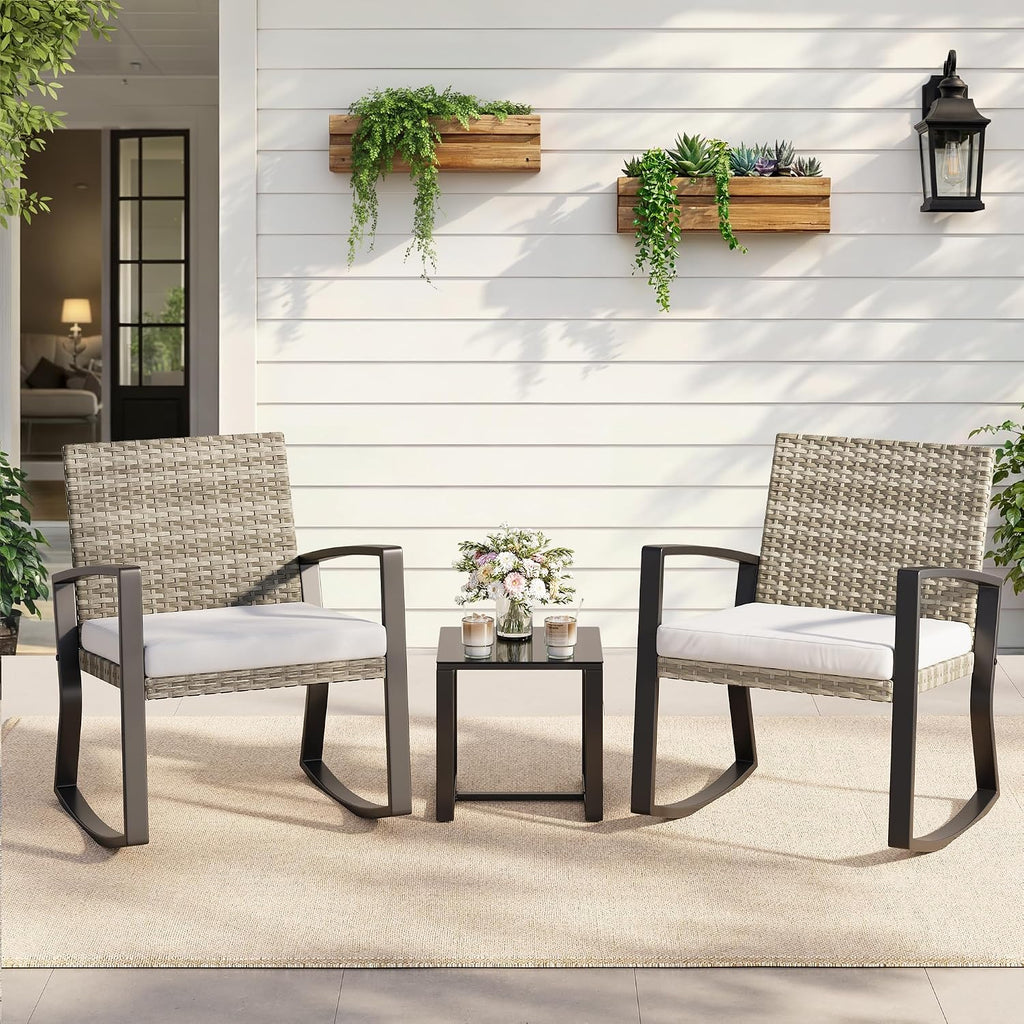 Qsun 3 Pieces Outdoor Patio Furniture Set Rocking Bistro Set, Outdoor Patio Furniture Set with Coffee Table for Garden Balcony Backyard Poolside (Light Grey Cushion)