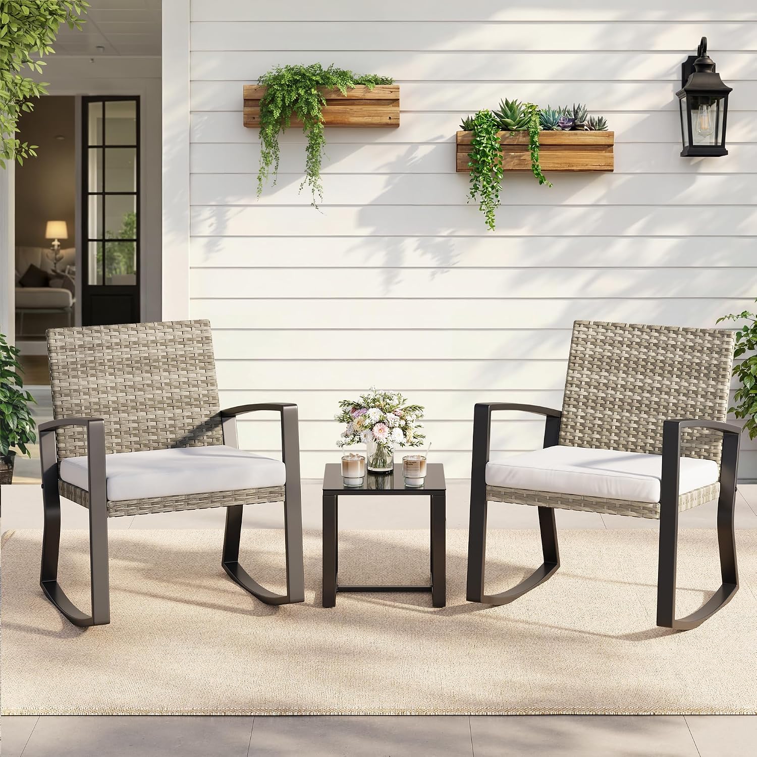 Qsun 3 Pieces Outdoor Patio Furniture Set Rocking Bistro Set, Outdoor Patio Furniture Set with Coffee Table for Garden Balcony Backyard Poolside (Light Grey Cushion)