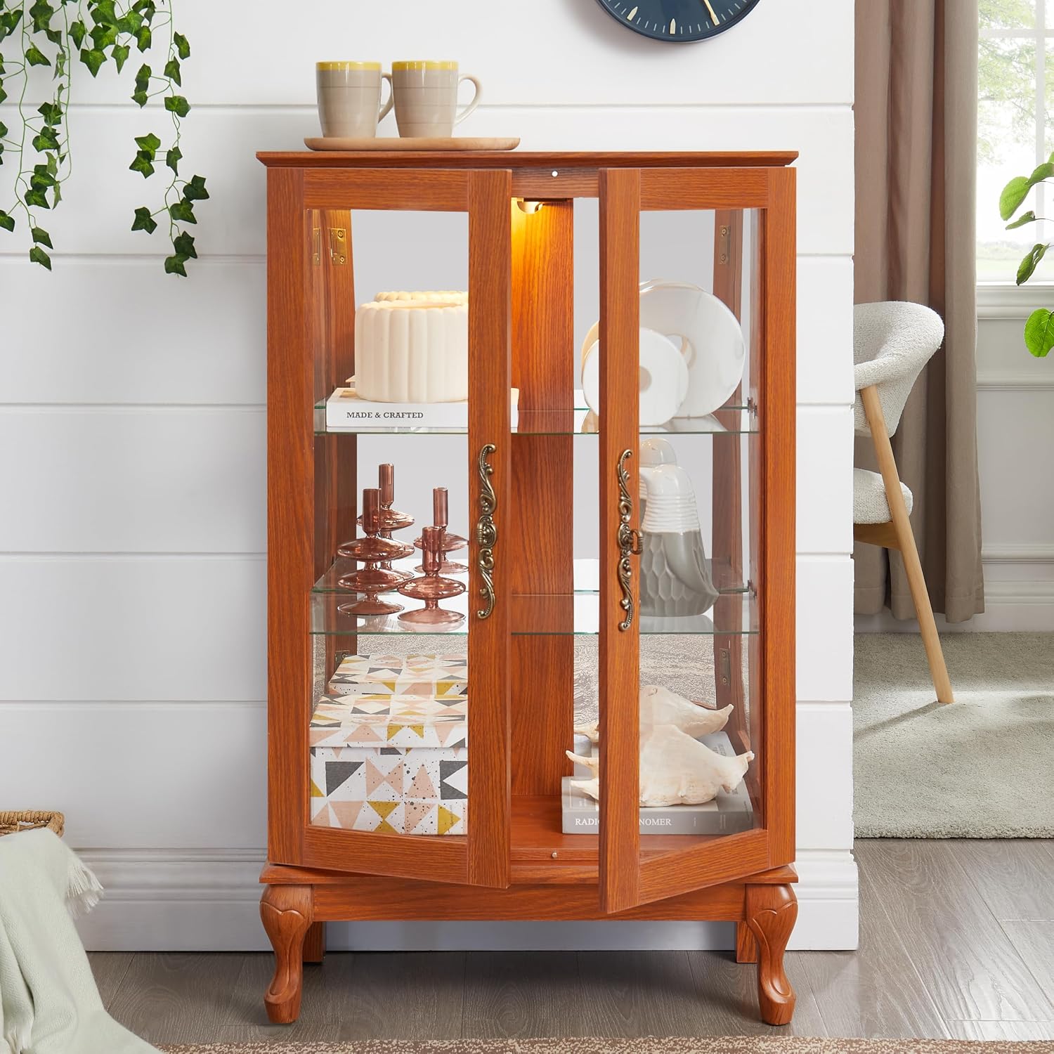 43' H Lighted Glass Curio Display Cabinet, 3-Tier Glass Accent Storage Cabinet Curio Showcase w/Adjustable Shelves,Wine Artwork Storage Rack w/Mirrored Back Panel for Living Room(Dark Oak)