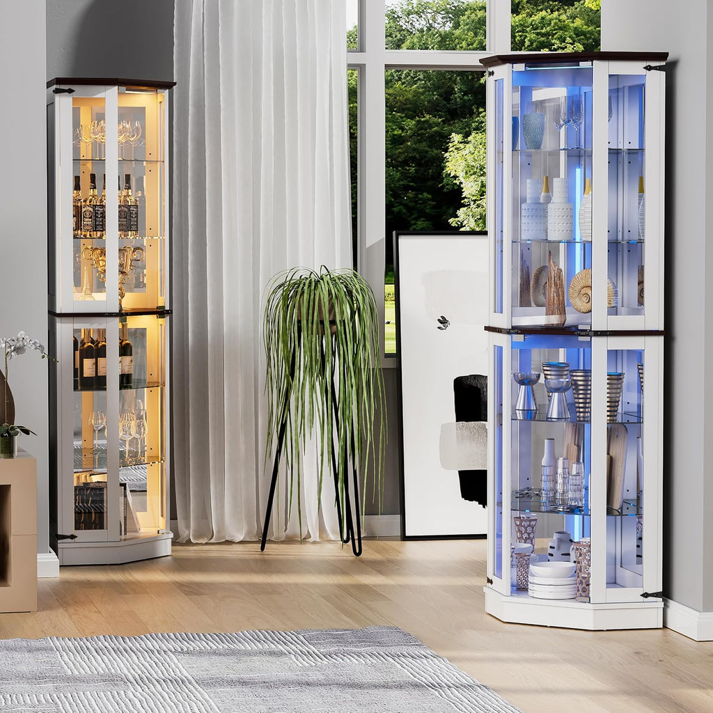 PAKASEPT 71'' Farmhouse Display Curio Cabinet with LED Lights,Tempered Glass Doors,6 Shelves,Floor Standing Display Cage Corner Wine Cabinet Storage Rack for Bar and Liquor Storage,White