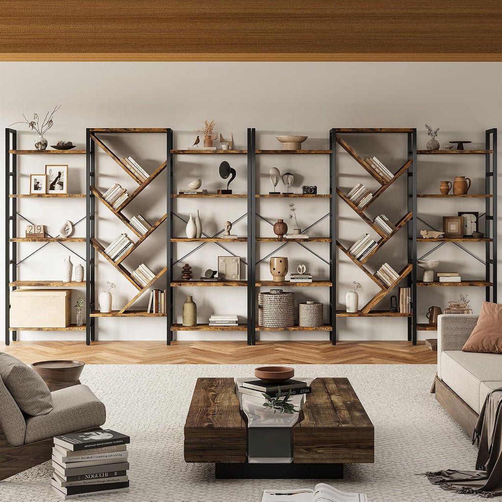 INNOD 70x70 Triple 5 Tier Book Shelf, Large Wooden Bookcase with 17 Open Display Shelf, Modern Tree Bookshelf Metal Frame Tall Book Case Furniture for Living Room Bedroom Home Office Rustic Brown