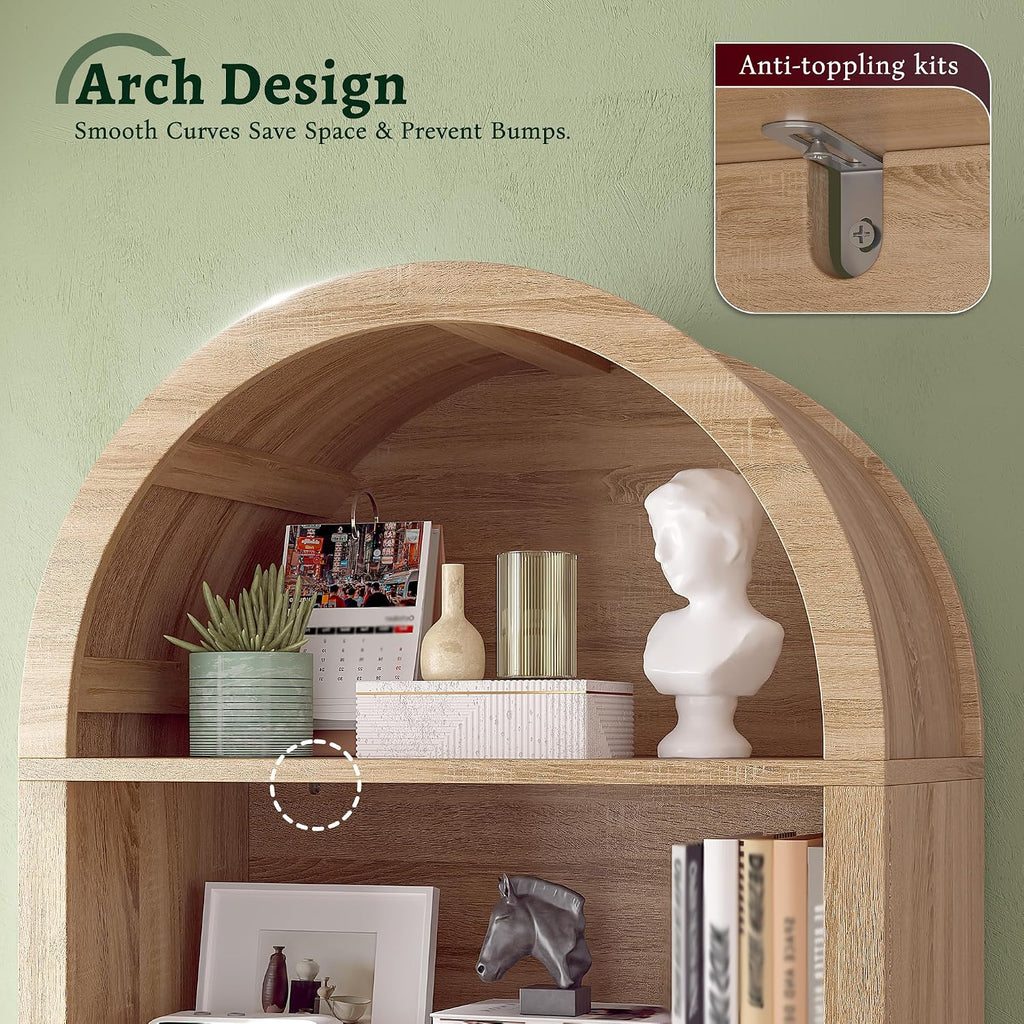 DurayLoly Book Shelf Arched Cabinet, 5-Tier Arched Bookcase with Doors and Adjustable Wood Shelves, Wooden Storage Cabinet with Open Display Shelf for Office,Living Room, Kitchen, Light Oak