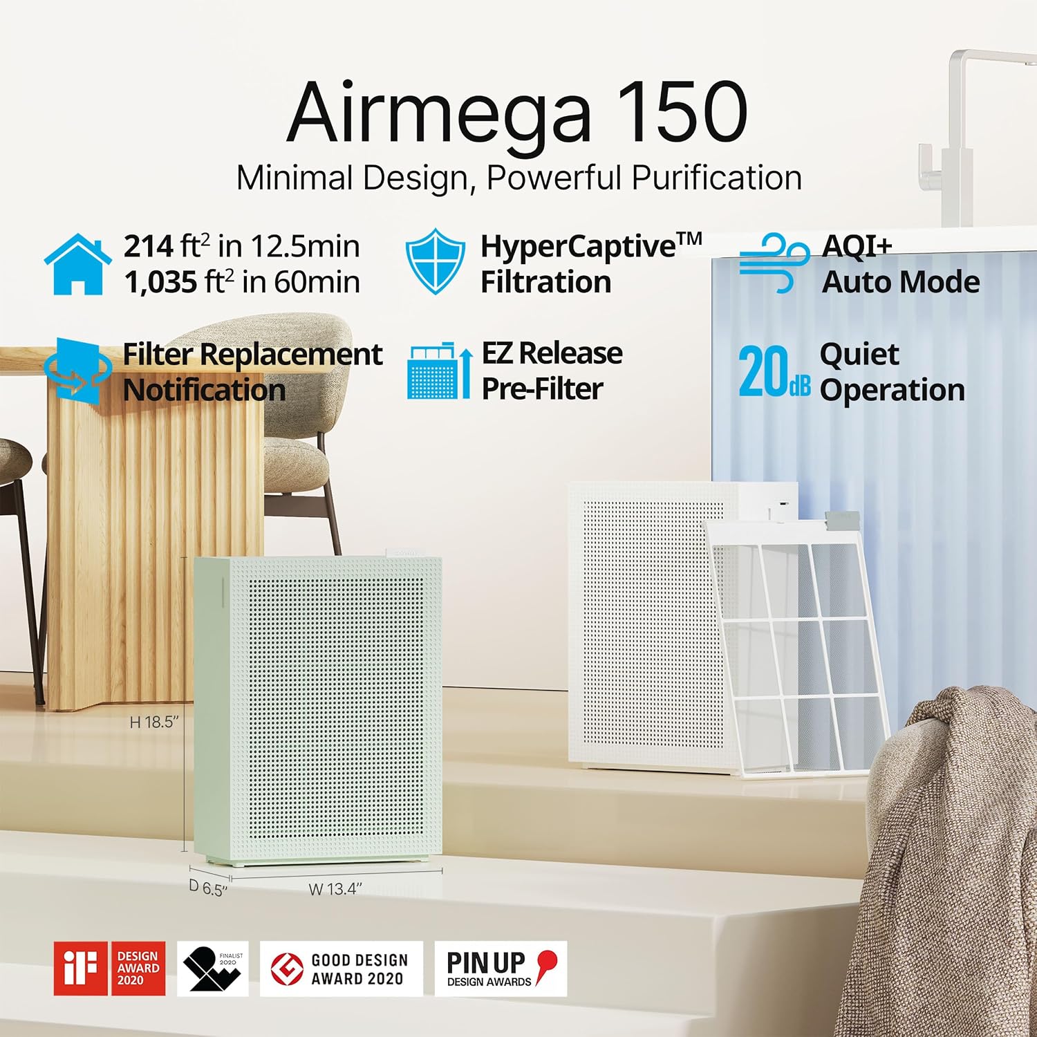 COWAY Air Purifiers for Home Bedroom up to 1,035ft² with HEPA Filter, Carbon Filter, Washable Filter for Smoke, Pollen, Dander, with Air Quality Monitor, Auto Mode, 3yr Warranty, Airmega 150 Green