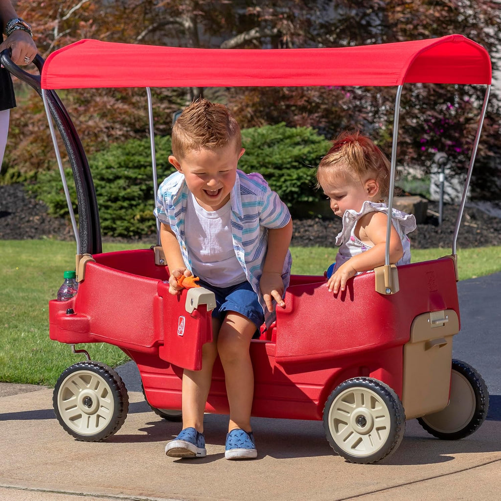 Step2 All Around Canopy Wagon, Kids Ride On Toy, Stroller Substitute, Includes Seat Belts, Made of Durable Plastic, Max Weight 75 lbs., For Toddlers 1.5-5 Years Old