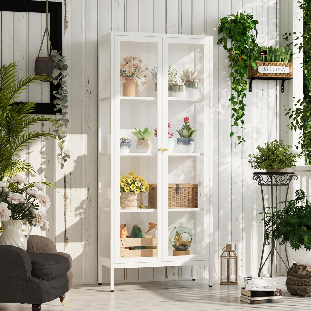 UNICOLY Display Cabinet with Glass Doors, Glass Display Cabinet 4-Tier, Metal Curio Display Cabinet with Tempered Glass Doors for Living Room, Plant, Display Shelf, Assembly Required, White