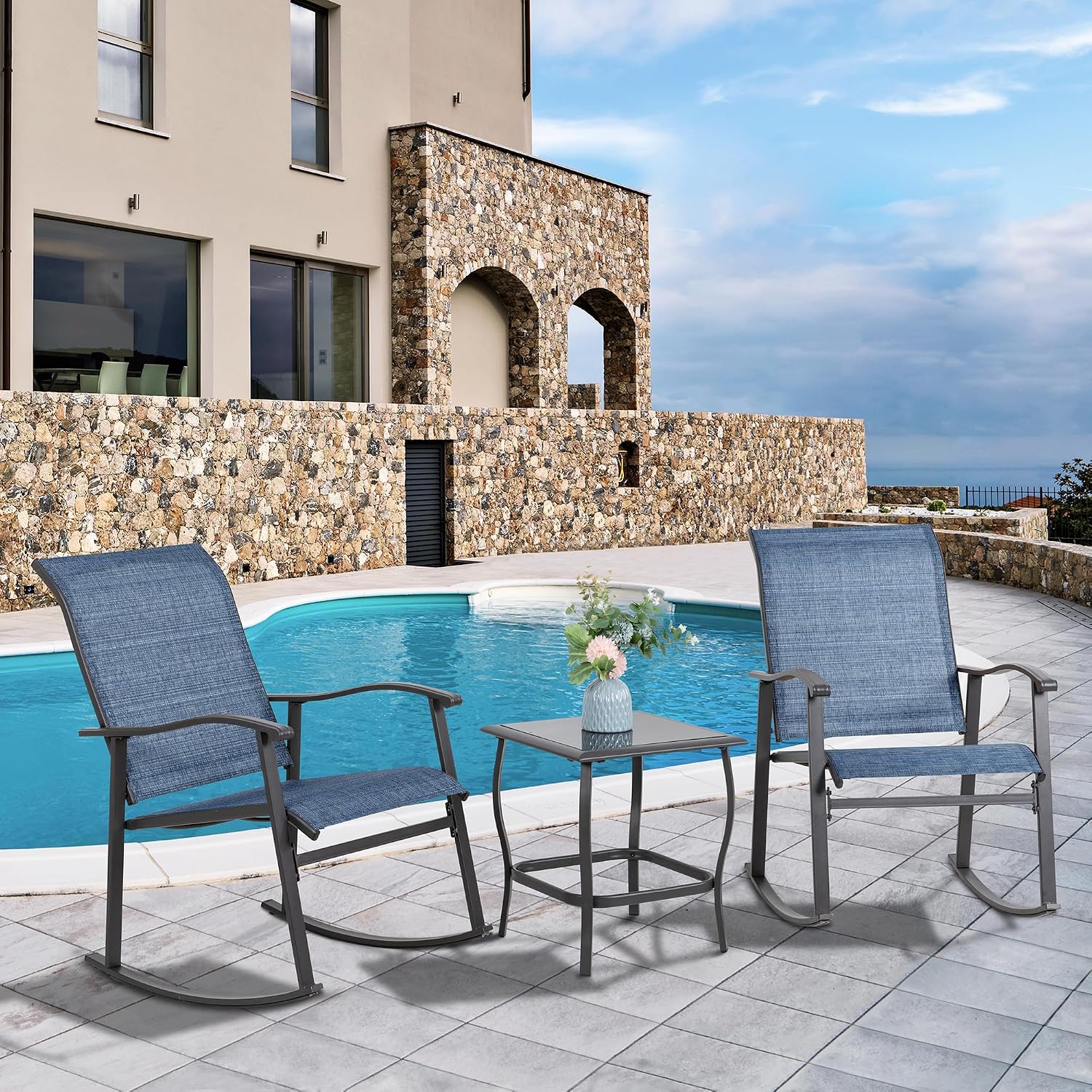 Vongrasig 3 Piece Outdoor Rocking Bistro Set, Textilene Fabric Small Patio Furniture Set, Front Porch Rocker Chairs Conversation Set with Glass Table for Lawn, Garden, Balcony, Poolside (Denim Blue)
