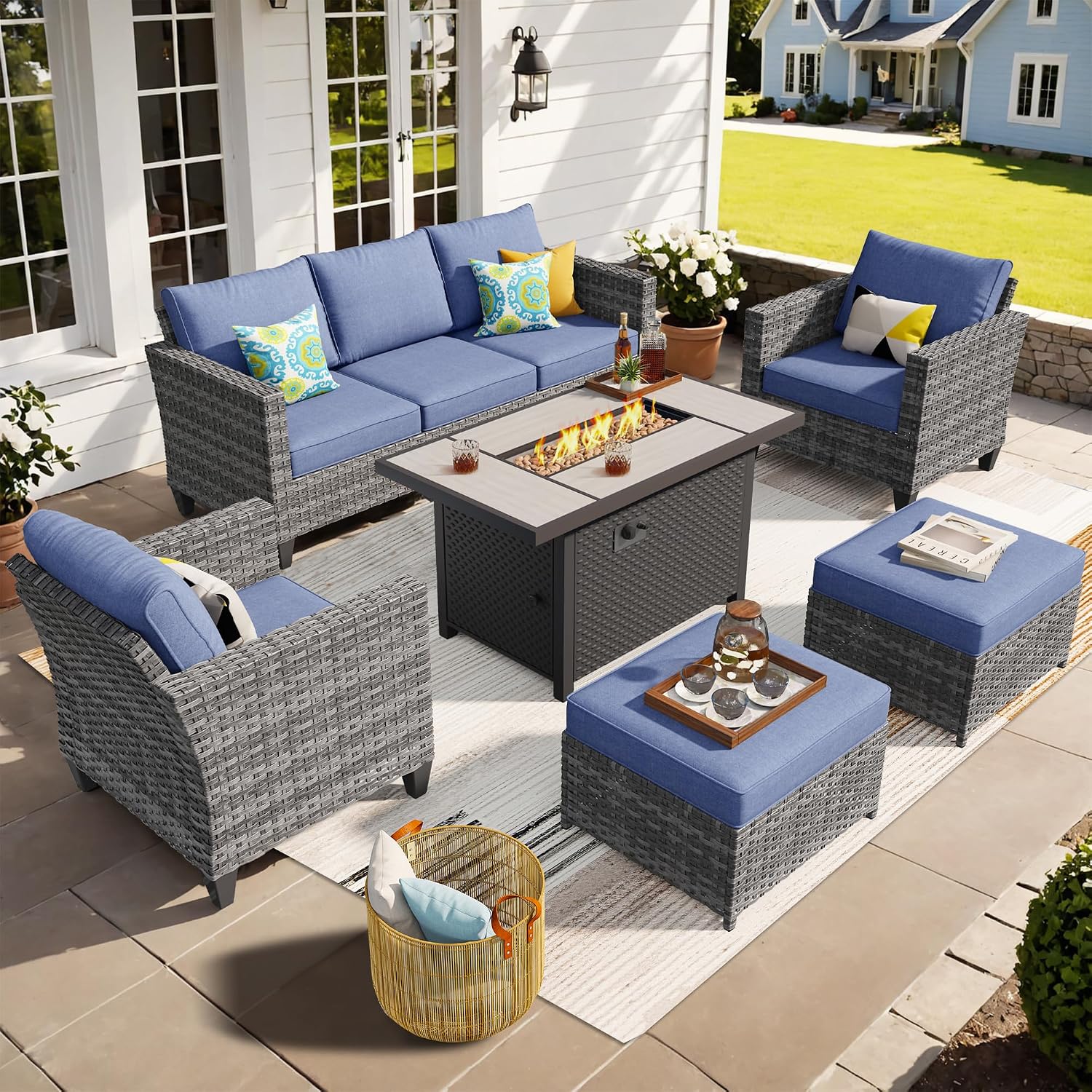 ovios Patio Furniture Set, 6 Pieces Outdoor Wicker Sofa Couch with Fire Pit Table, Ottomans and Comfy Cushions, All Weather High Back Rattan Conversation Set, Denim Blue