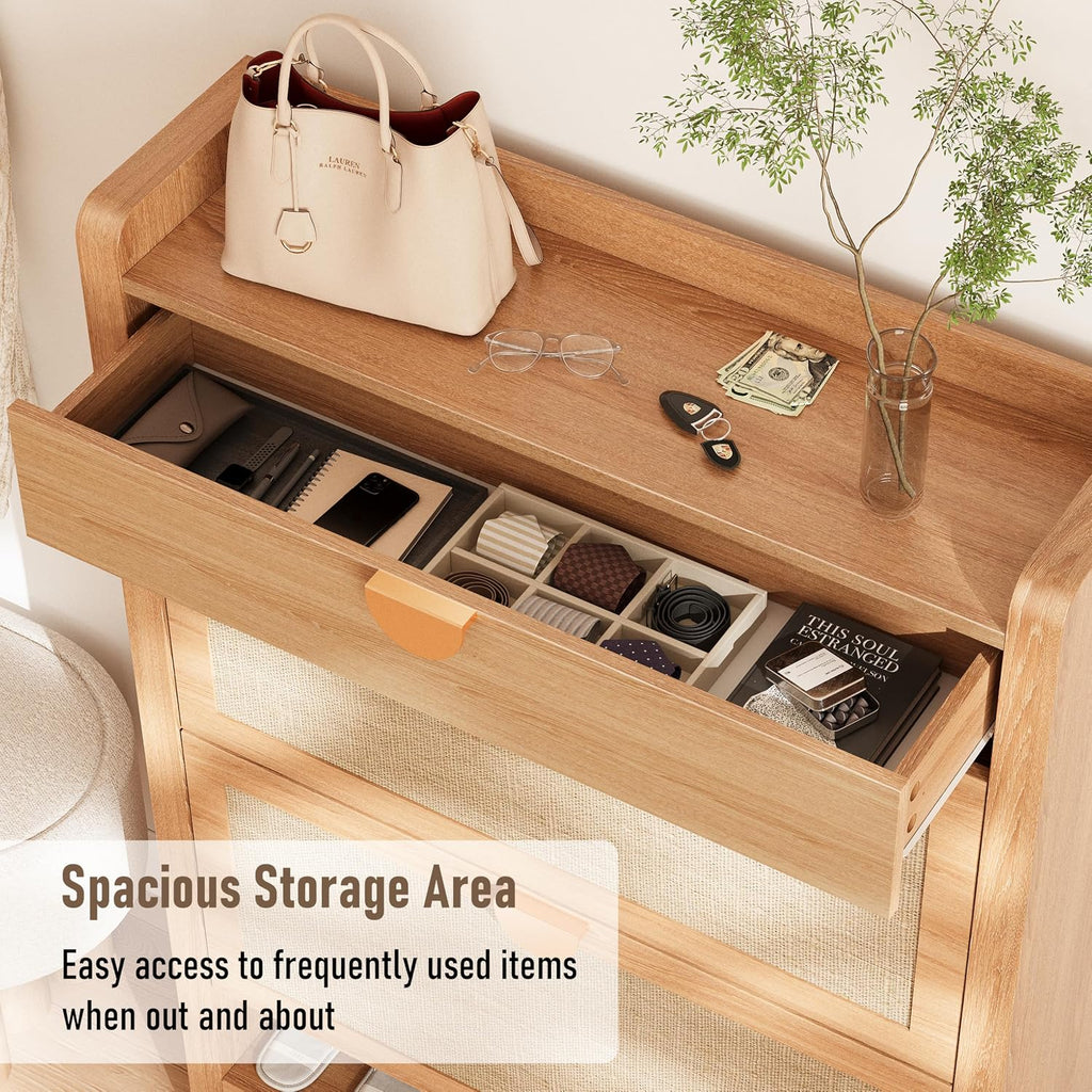 INNOD Rattan Shoe Storage Cabinet, Shoe Organizer with 2 Flip Drawers, Narrow Shoe Cabinet, Free Standing Hidden Shoe Storage, Shoe Rack for Entryway/Hallway/Closet, Natural Oak