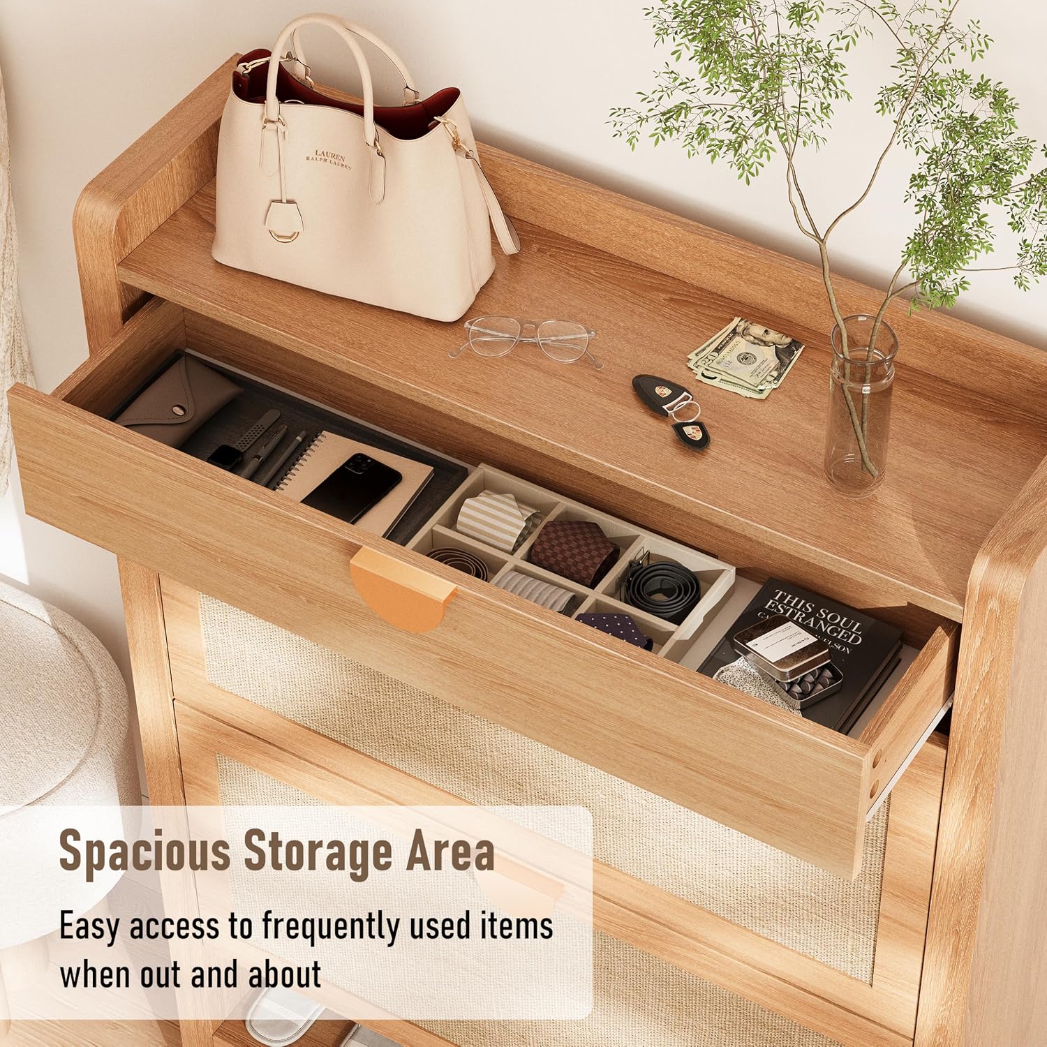 INNOD Rattan Shoe Storage Cabinet, Shoe Organizer with 2 Flip Drawers, Narrow Shoe Cabinet, Free Standing Hidden Shoe Storage, Shoe Rack for Entryway/Hallway/Closet, Natural Oak