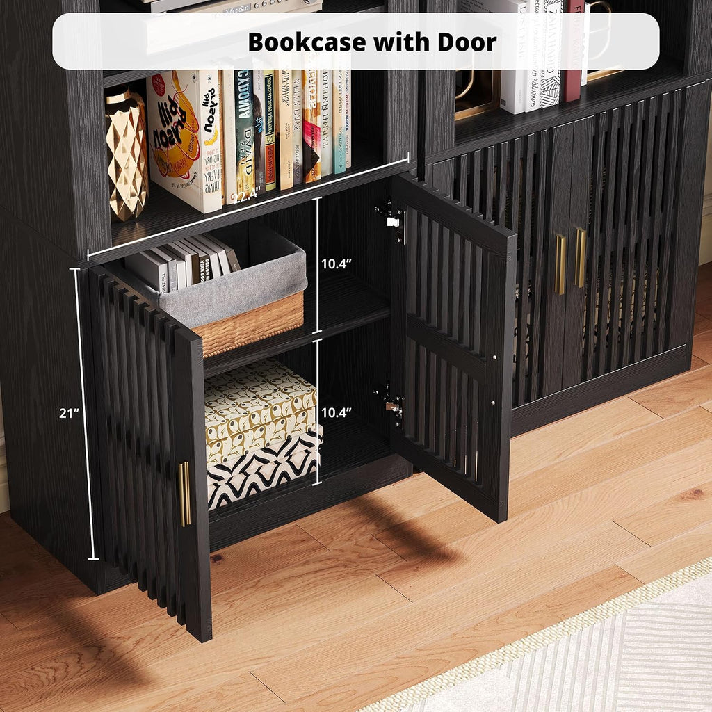 IRONCK Mid-Century Book Shelf, 6-Tier Floor Standing Bookcase with Grille Doors, Tall Storage Shelves for Display & Organizing, Suitable for Home Office, Living Room(Black)