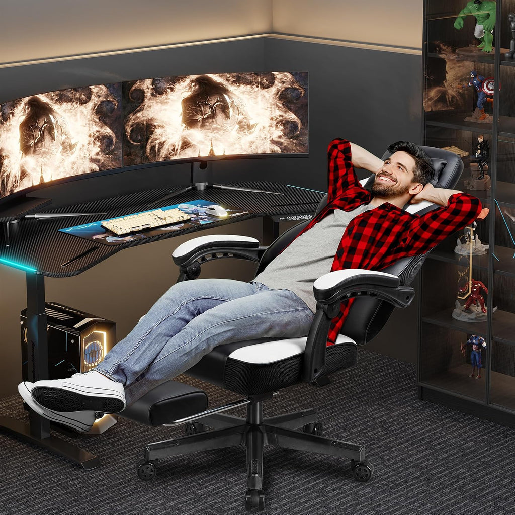 Shintenchi Gaming Chair,Video Game Chair with footrest and Massage Lumbar Support,Height Adjustable Game Chair with 360°Swivel Seat Ergonomic Computer Chair with Headrest for Office or Gaming(White)