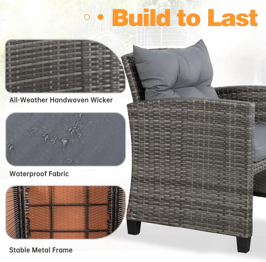 Shintenchi 5 Pieces Patio Furniture Set, Outdoor Wicker Patio Conversation Set with Ottoman, All Weather Rattan Outside Chairs with Coffee Table & Cushion for Porch, Garden, Backyard, Gray