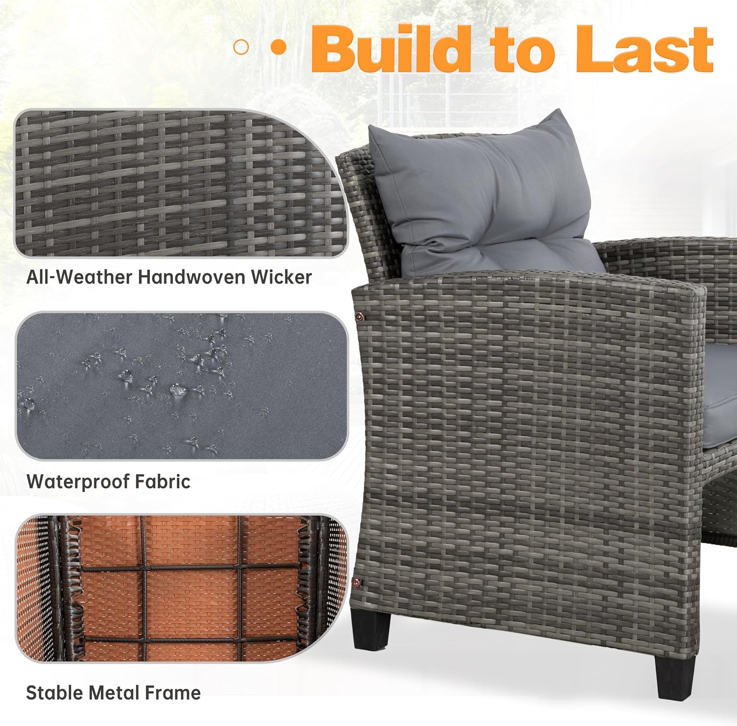 Shintenchi 5 Pieces Patio Furniture Set, Outdoor Wicker Patio Conversation Set with Ottoman, All Weather Rattan Outside Chairs with Coffee Table & Cushion for Porch, Garden, Backyard, Gray