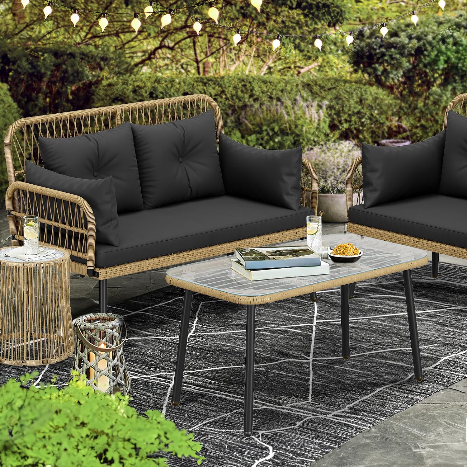 YITAHOME Outdoor Patio Loveseat, Two-Seater Wicker Patio Sofa with Handwoven Rattan and Cushions, Porch Furniture for Backyard, Balcony, and Deck, Light Brown and Black