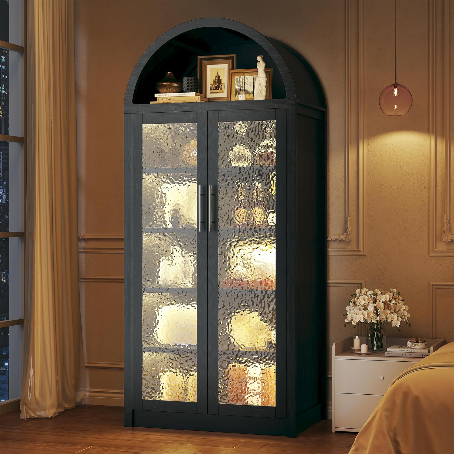 HUAHUU 71' Tall Arched Cabinet with 3 Color Lights, Kitchen Pantry Storage Cabinet with Glass Doors & Adjustable Shelves, Modern 6-Tier Display Cabinets for Living Room, Dining Room, Black