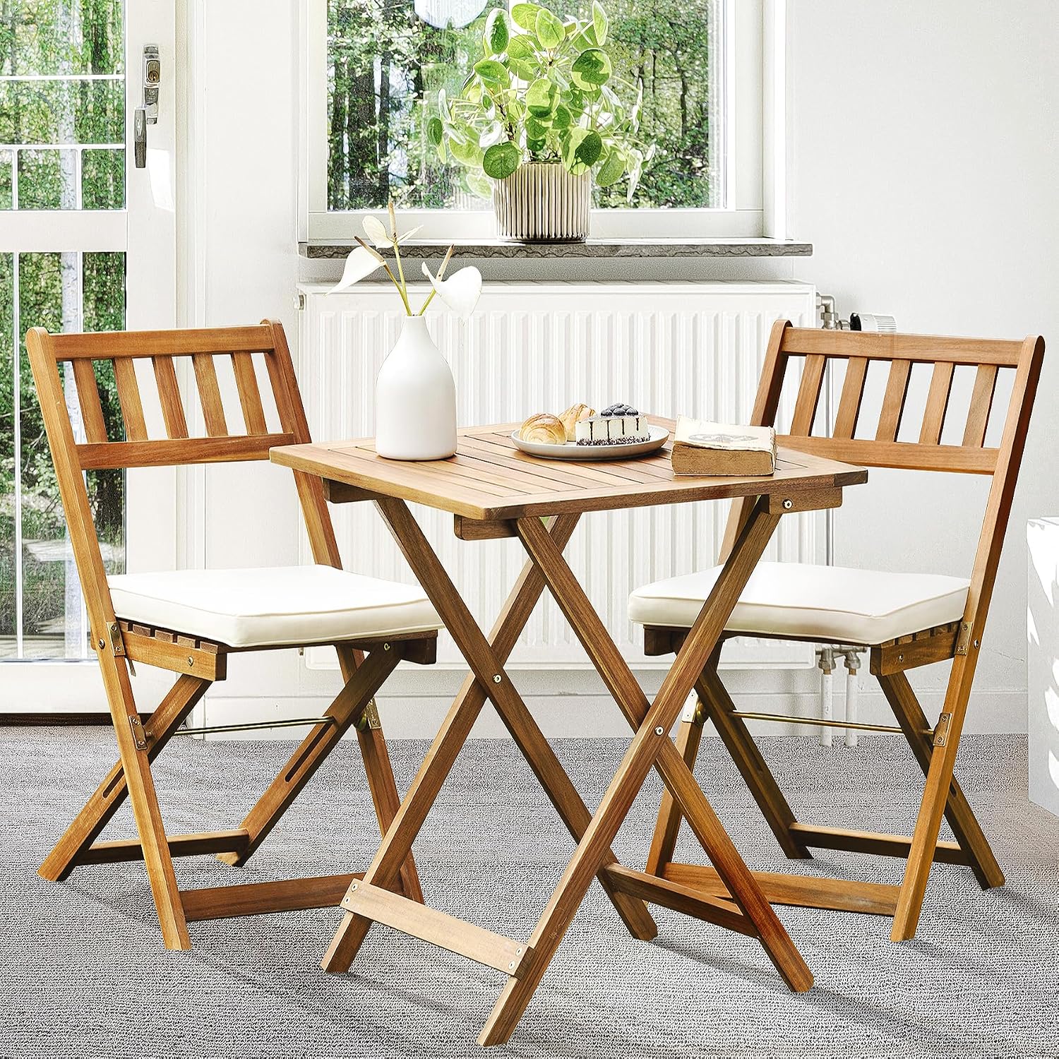 IDZO Heavy Duty 400lbs Capacity Patio Bistro Sets, 3 Piece Outdoor Folding Chairs with Cushions and Square Table, FSC-Certified Acacia Wood, Space-Saving Design for Balcony, Garden and Porch