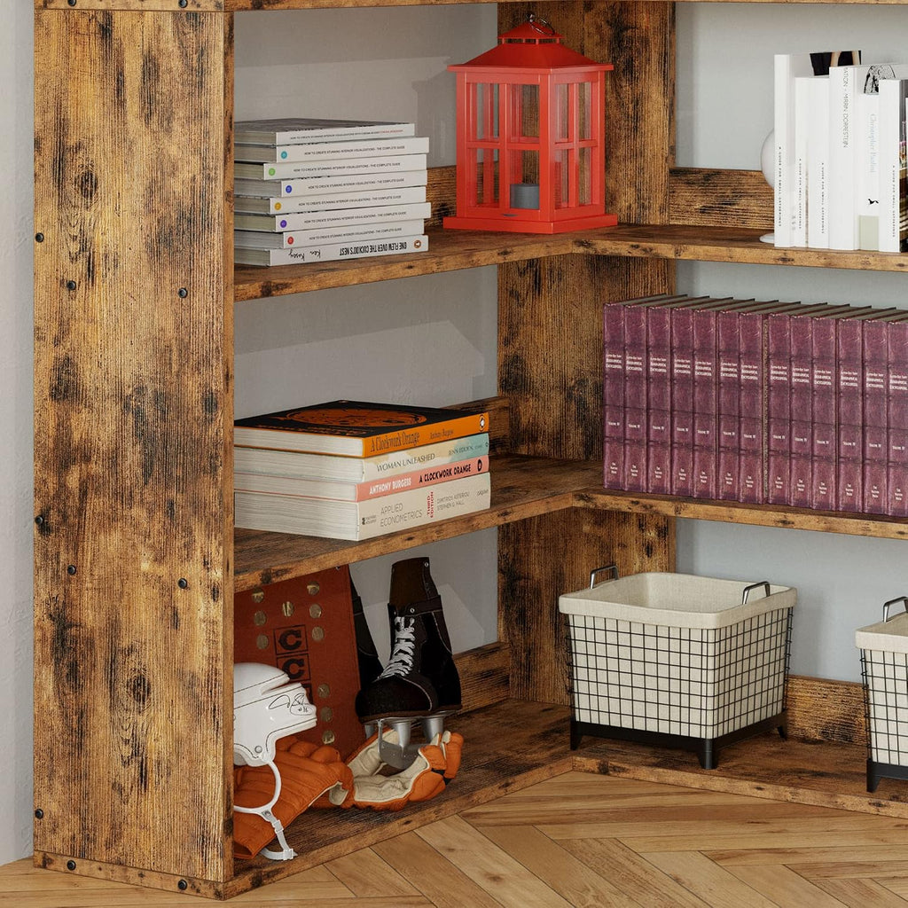IRONCK Corner Bookshelf 6-Tier L-Shaped Industrial Corner Bookcase with Side Baffles, Large Storage Display Shelf for Living Room, Home Office