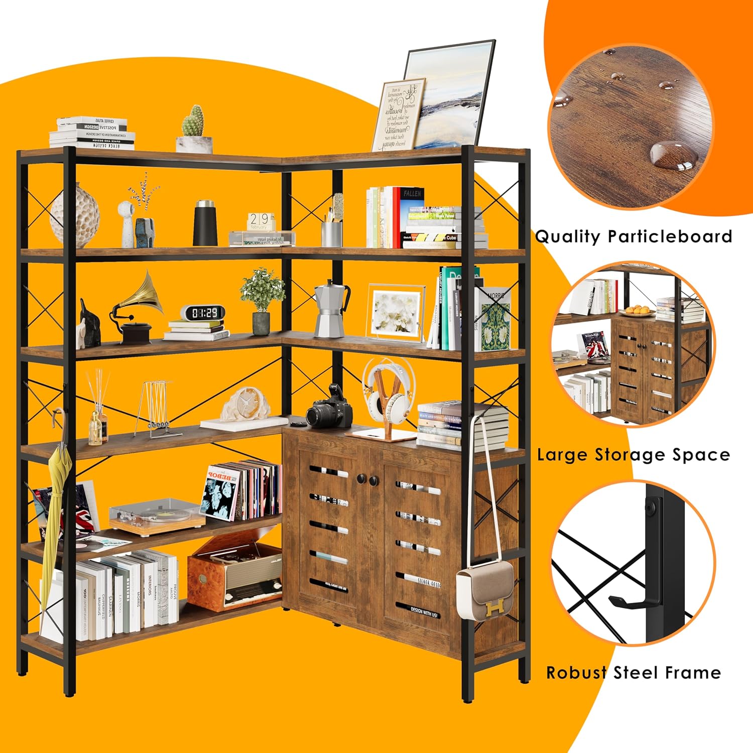Wildhome 6-Shelf Corner Bookshelf, Vintage Industrial Corner Shelf Etagere Bookcase, Large Book Shelf with Metal Frame Open Storage Corner Cabinet (Brown-Lockers, Large)