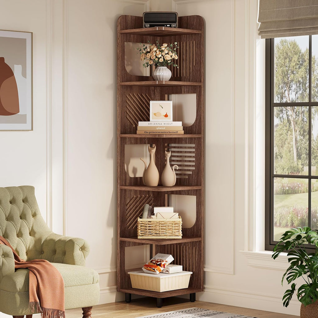 Tribesigns 6-Tier Tall Corner Shelf, 71-Inch Rustic Narrow Corner Bookshelf Bookcase with Square Rack, Freestanding Corner Display Storage Shelf Organizer for Living Room, Kitchen, Office, Brown