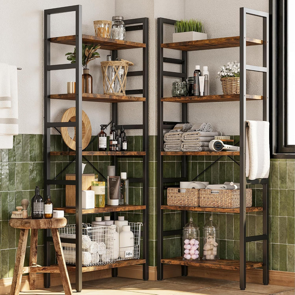 INNOD 70x70 Triple 5 Tier Book Shelf, Large Wooden Bookcase with 17 Open Display Shelf, Modern Tree Bookshelf Metal Frame Tall Book Case Furniture for Living Room Bedroom Home Office Rustic Brown