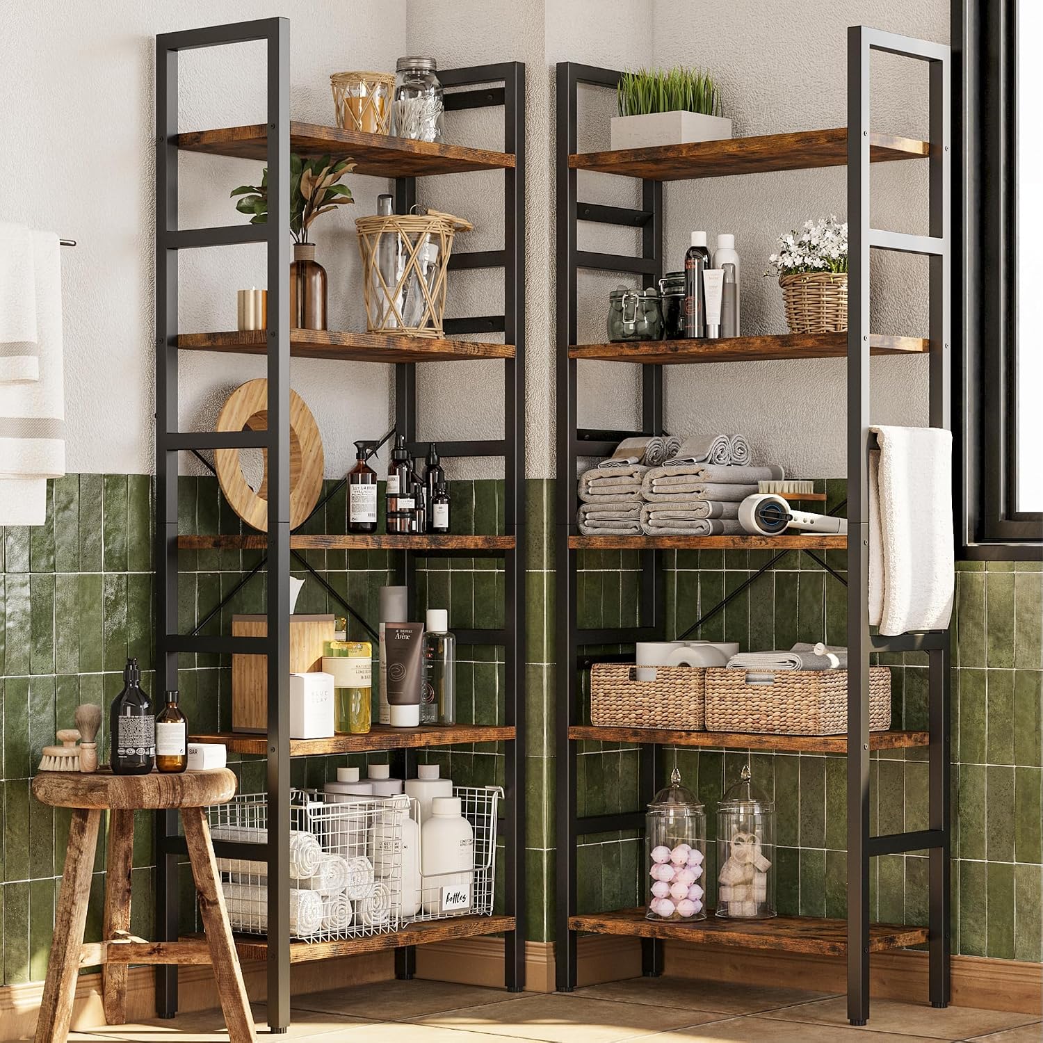 INNOD 70x70 Triple 5 Tier Book Shelf, Large Wooden Bookcase with 17 Open Display Shelf, Modern Tree Bookshelf Metal Frame Tall Book Case Furniture for Living Room Bedroom Home Office Rustic Brown