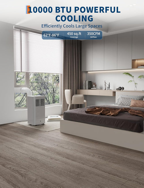 10,000 BTUs Portable Air Conditioner, Portable AC Unit 4 Modes with Cool, Fan, Dehumidifier, Sleep Mode, Cools up to 450 Sq. Ft, Full Set Installation Kit, for Bedrooms Offices Use, Black&Grey Cover