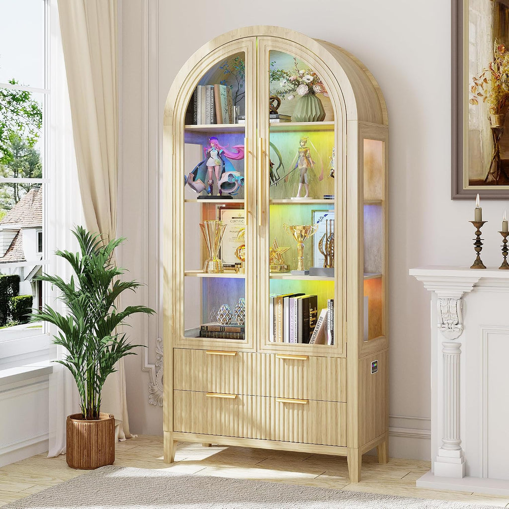 LVSOMT 71' Tall Arched Storage Cabinet with Glass Doors and Drawers, Curio Display Cabinet with Adjustable RGB Light & Human Sensor, 4-Tier China Cabinet for Living Room(Wood)
